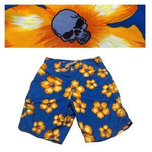 Anchor Blue Skull Hibiscus Floral Tropical Board Shorts Surfer Hang Ten Sz 34